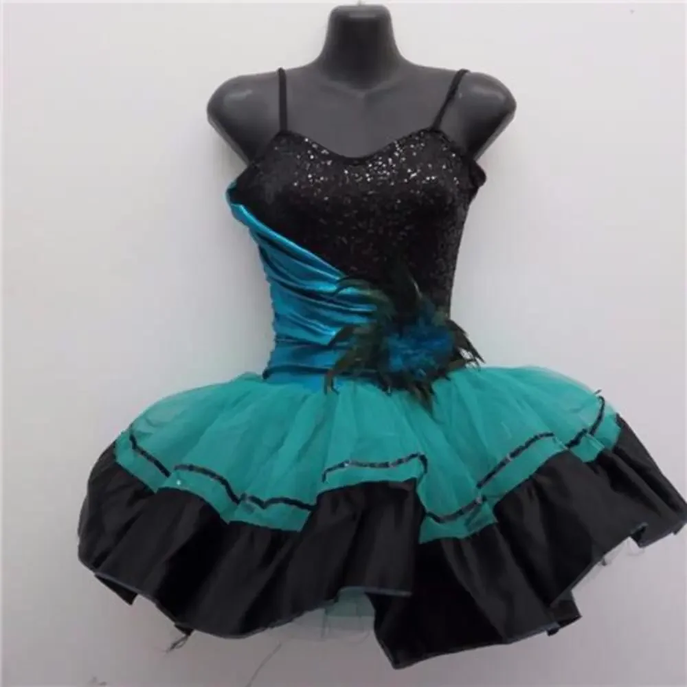 Pre-Owned Dance Costume Curtain Call C182 Large Child Teal Peacock feathers Bal